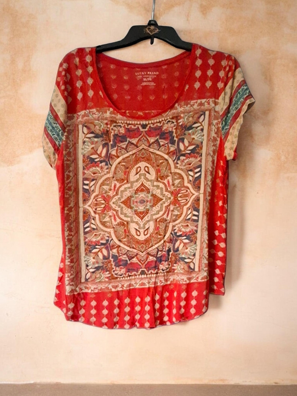 Lucky Brand Red Boho Medallion Scoop Neck Tee